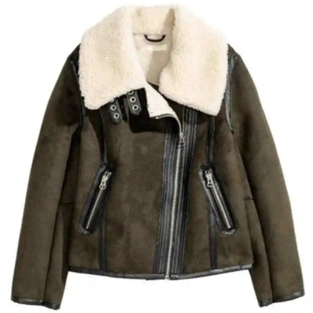 H&M Faux Suede Pile-Lined Sherpa Biker Jacket